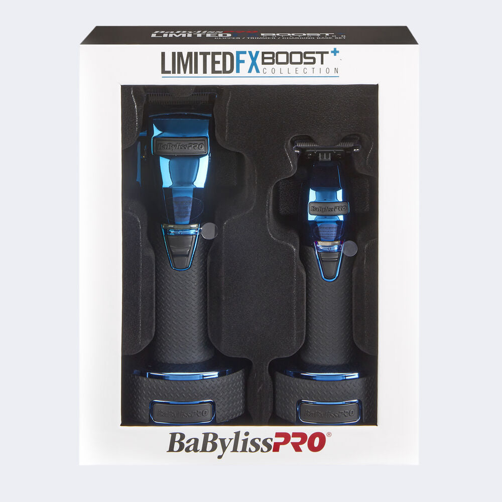 BARBEROLOGY BABYLISSPRO® LIMITEDFX BOOST+ COLLECTION WITH CLIPPER, TRIMMER & CHARGING BASE SET - BLUE CHROME